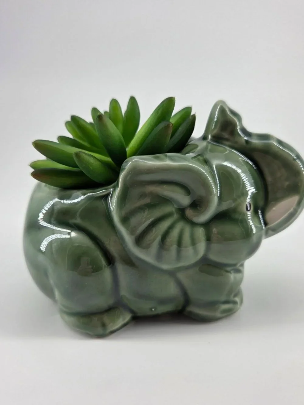 Vintage Sage Green Ceramic Elephant Planter Succulent Pot